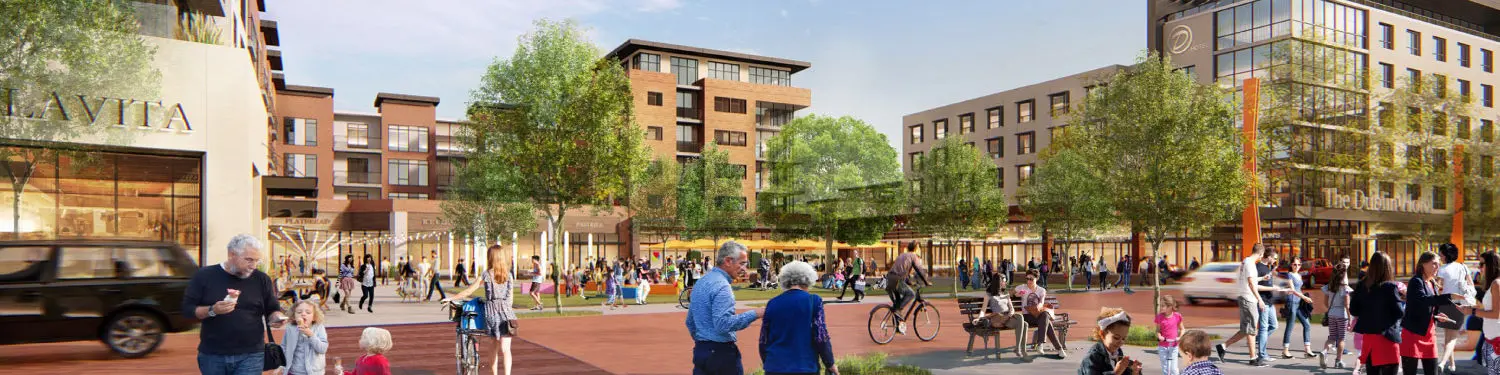 Busy city square with vibrant community activity.